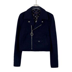 Louis Vuitton Womens Wool Lapel Zip-Up Jacket Dark Blue Size 36 XS Made In Italy